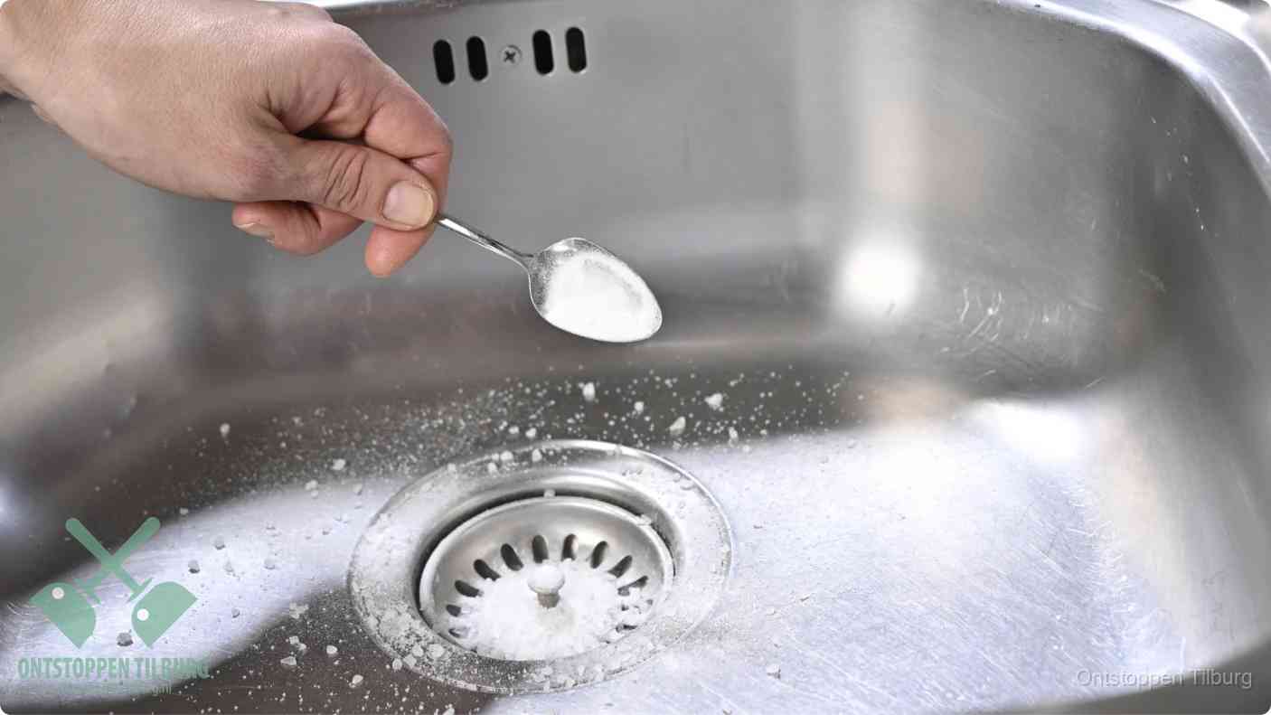 Een hand strooit met een lepel soda in de afvoer van een roestvrijstalen spoelbak, de soda en azijn huismiddel-methode om de afvoer te ontstoppen in Tilburg